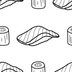 Salmon sushi and roll in black outline on white background. Cute Japanese food hand drawn style. Seamless pattern.