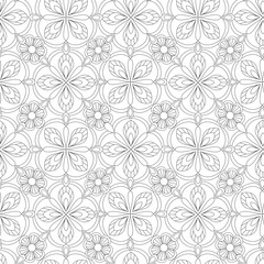 Doodles mandala seamless pattern. Adult coloring page. Black and white floral elements. Repeat pattern background. Hand drawn vector illustration.