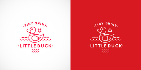 Tiny Shiny Swimming Duck Abstract Vector Sign, Emblem or Logo Template. Line Style Cute Illustration with Typography.