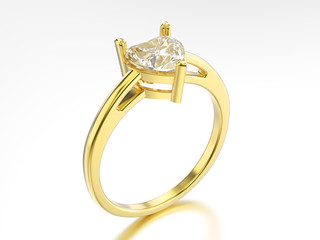 3D illustration isolated yellow gold engagement ring with diamond heart with reflection