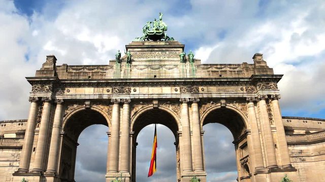 Belgian (Belgic) national flag - park Cinquantenaire (50th anniversary) in the capital of Belgium, Brussels