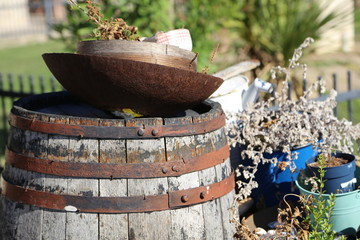 Old wooden barrel in the garden