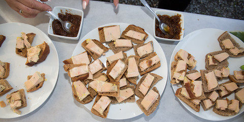 Canard Foie gras Pate made of the liver of a duck or goose with toasted bread slices