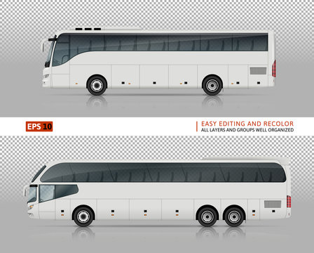 Coach buses vector mock-up for car branding and advertising. Isolated travel bus set on transparent background. All layers and groups well organized for easy editing and recolor. View from left side.
