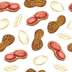 Peanut  nuts, seamless pattern design, hand drawn watercolor illustration, white background