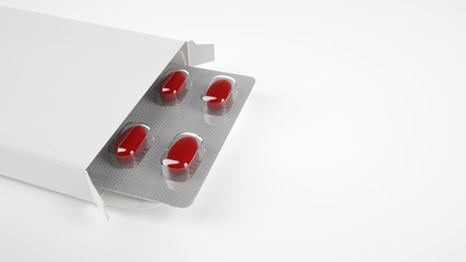 Blank pill box with red medicine 3d rendering