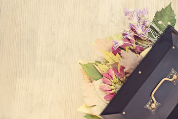 Retro box with forged details, under the cover bright autumn leaves and wild flowers. Top view. Toned image