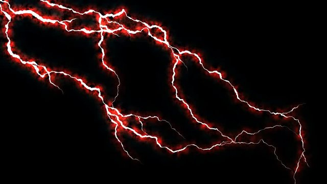 Electricity crackling. Abstract background with electric arcs. Realistic lightning strikes.Thunderstorm with flashing lightning. Seamless looping. Red.