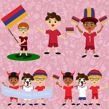 Set of boys with national flags of Armenia. Blanks for the day of the flag, independence, nation day and other public holidays. The guys in sports form with the attributes of the football team