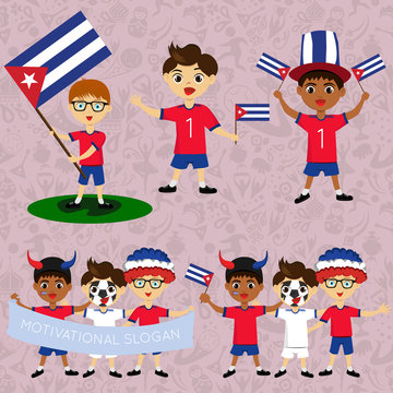 Set of boys with national flags of Cuba. Blanks for the day of the flag, independence, nation day and other public holidays. The guys in sports form with the attributes of the football team