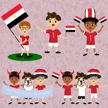 Set of boys with national flags of Egypt. Blanks for the day of the flag, independence, nation day and other public holidays. The guys in sports form with the attributes of the football team