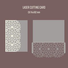 DIY laser cutting vector envelope. Wedding die cut invitation template. Cutout silhouette card. Scrapbook carved paperwork. Floral layout.