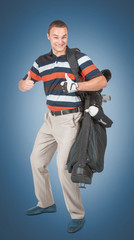 Emotional handsome golfer player pose in studio on blue and green background