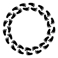 Obraz premium Black traces of human feet, round frame. Vector background