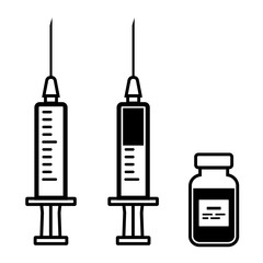 Empty syringe for injection, syringe with vaccine, vial of medicine. Black and white flat design. Vector illustration
