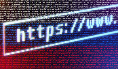 Browser address bar https://www against the background of the Russian flag from the program code of...
