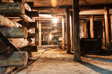 Fototapeta na wymiar Underground coal mine with automated timbering. Coalface, drift.