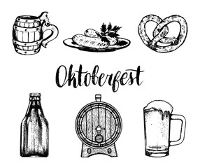 Oktoberfest symbols collection for beer festival flyer and poster. Vector hand sketched set of glass mug, pretzel etc.