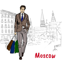 man with shopping bags in Moscow