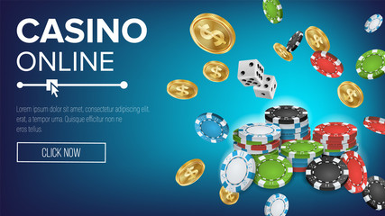 Online Casino Poster Vector. Poker Gambling Casino Sign. Bright Chips, Playing Dice, Dollar Coins. Winner Lucky Symbol. Jackpot Billboard, Marketing Luxury Illustration.