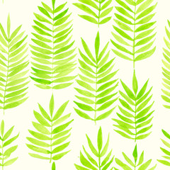 Watercolor seamless pattern with tropical palm leaves, background design.