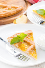 piece of fresh apple pie with whipped cream on a plate, vertical