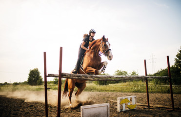 Fototapeta premium Young female jockey on horse leaping over hurdle