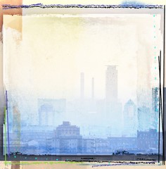 Grunge blue abstract frame with city skyline background - 168868547