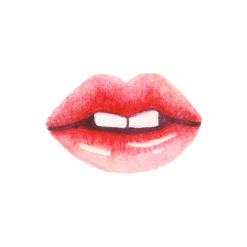 Beautiful watercolor pink woman's lips isolated on white background.