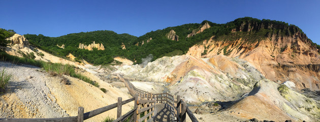 Panoramic view of Jigokudani hell valley in Noboribetsu, Hokkaido, Japan