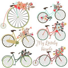 A Set of vector cute bicycles with flowers for design. Ideal for save the dates