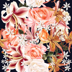 Beautiful floral pattern with roses and lily in watercolor style vector illustration
