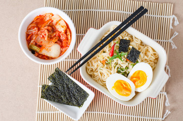 Instant noodles and kimchi cabbage ready to eating,Korean food