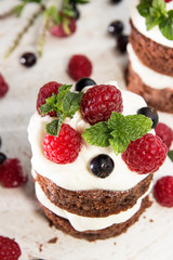 Chocolate cake decorated with raspberry, black currant, wipped cream and mint.