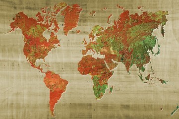 World map made with artistic oil colors on papyrus background. Elements of this image furnished by NASA.
