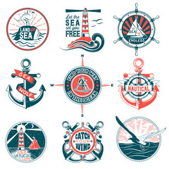 Vector set of badges with a general theme of the sea with the image of a wash, gulls, steering wheel, anchors for your design, printing, print on the T-shirt and the Internet.