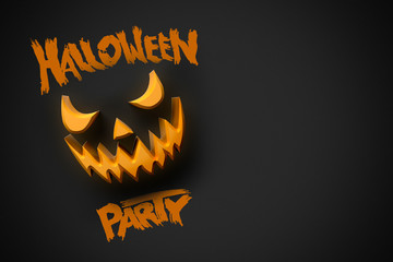 Halloween party flyer with grinning Jack O. Template with pumpkin and typography elements. Stamp for scary holiday celebration. 3d illustration.