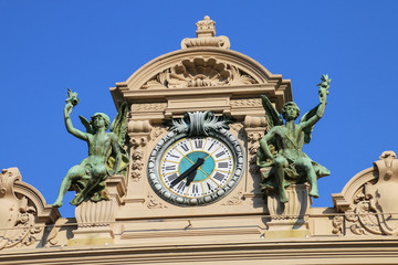 Clock above the main entrance of Monte Carlo Casino in Monaco.