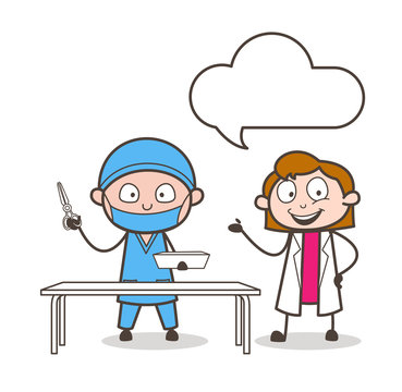 Cartoon Female Doctor Introducing to Dentist Doctor