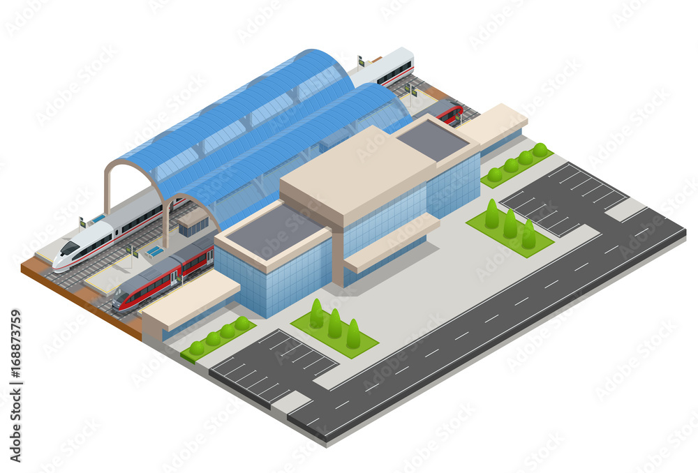 Wall mural Vector isometric infographic element Railway Station Building Terminal. City Train. Building Facade Train Station public train station building with passenger trains, platform, related infrastructure