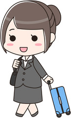 キャリー付きのトランクバックを持って出張に向かうスーツの女性