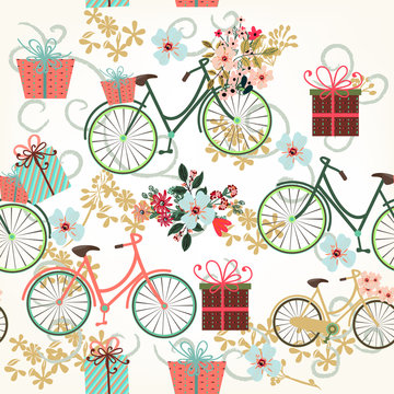 Floral wallpaper pattern with bicycles and flowers