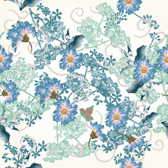 Floral pattern with blue flowers and plants
