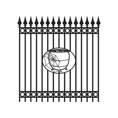 Forged iron fence with decorative element Halloween - witch pot and a spider web in an oval frame. Vector illustration.