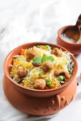 Soya chunks  Biryani / Vegetable Soy Pilaf served in clay pot