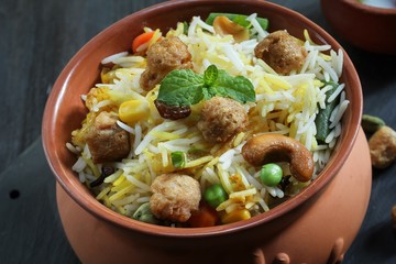 Soya chunks  Biryani / Vegetable Soy Pilaf served in clay pot