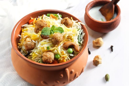 Soya chunks  Biryani / Vegetable Soy Pilaf served in clay pot