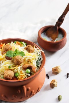 Soya chunks  Biryani / Vegetable Soy Pilaf served in clay pot