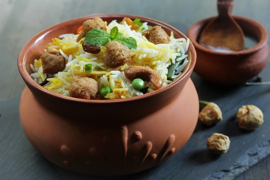 Soya chunks  Biryani / Vegetable Soy Pilaf served in clay pot