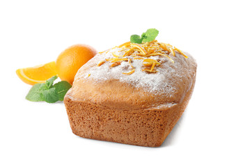 Delicious citrus cake and fruits on white background
